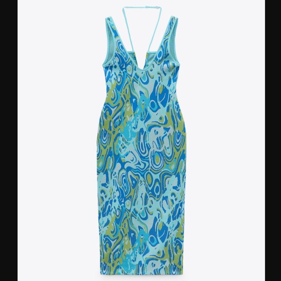 ZARA RETRO LAVA PRINTED STRETCH BANDAGE KNIT JACQUARD MIDI DRESS - Picture 7 of 11